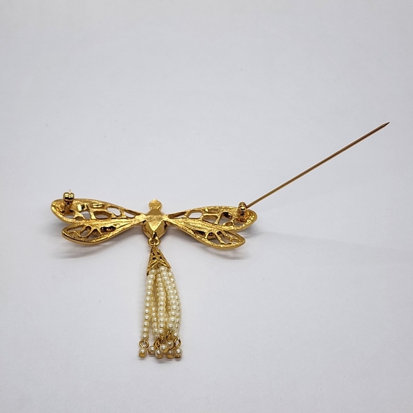 Avon Dragon Fly Gold & Faux Pearl Brooch Pendant - Picture 14 of 17